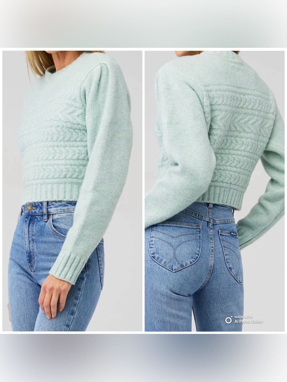 For Love & Lemons Dominique Cropped Cable Knit Sweater Mint Green S NWT - Picture 2 of 8